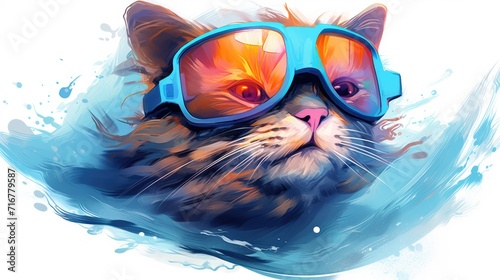 The muzzle of a stylish cat posing in sunglasses is painted with watercolors. Close portrait of furry kitty with paint splashes. Printable design for t-shirt, bag, postcard, case and other products. photo