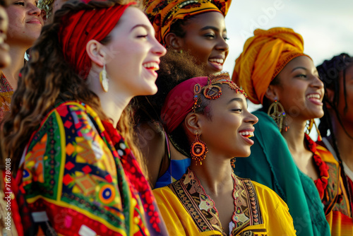 Joyful Diversity in Traditional African Attire. Group of smiling women dressed in vibrant African garments.