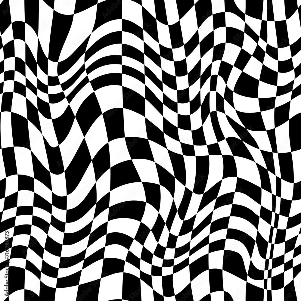 Obraz premium Abstract warped checkered vector seamless pattern. Distorted square grid texture background. Trendy fabric design