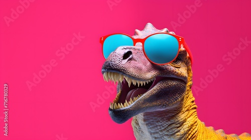Old school cool with dinosaur wearing sunglasses in studio on vibrant background © Ziyan