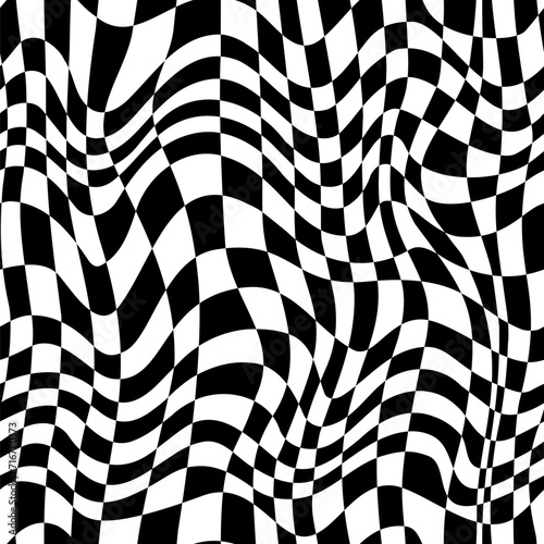 Abstract warped checkered vector seamless pattern. Distorted square grid texture background. Trendy fabric design