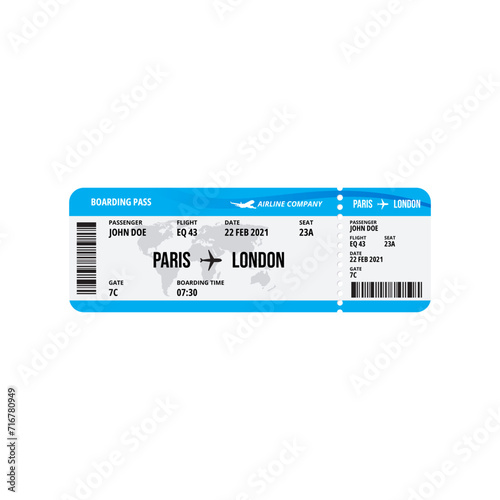 Blue and white Airplane ticket design. Realistic illustration of flight ticket and boarding pass with passenger name and destination. Concept of travel, journey or business trip. World map and travel
