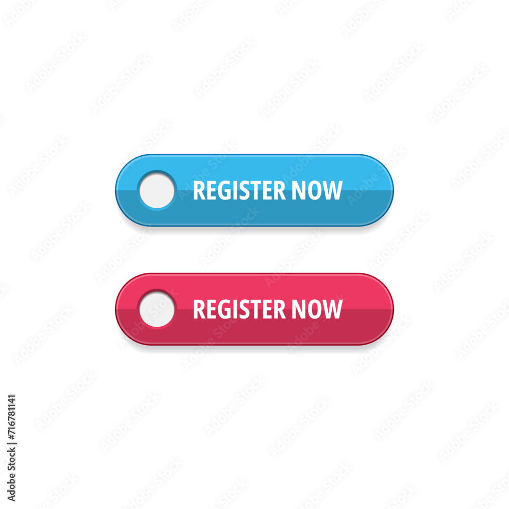 Register now buttons in two options, blue and red, 3d style Register now buttons in two options, blue and red, 3d style