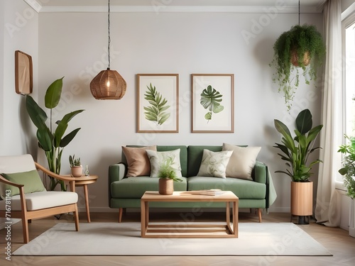 Warm cozy spring living room interior composition with mock up poster frame, wooden sideboard, white sofa, green stand, base with leaves, plants and stylish lamp, home decor