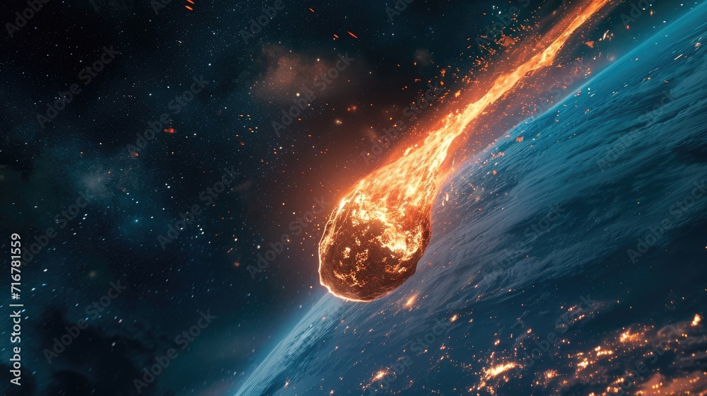 a huge gigantic burning asteroid in space flyng towards the planet earth, meteorite - obrazy, fototapety, plakaty 