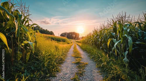 field of corn, high grass plants and crops. blue sky in the background in sunset