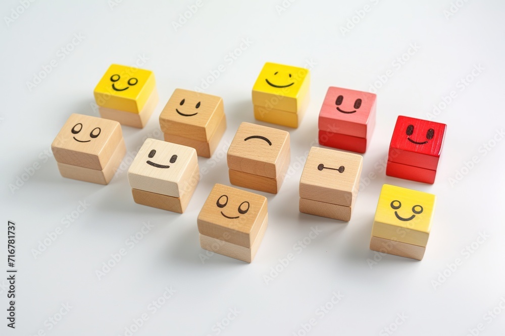 Wooden label with happy normal and sad face icons for experience survey services and products review concept Wooden label with happy normal and sad face icons for experience survey services and products review concept