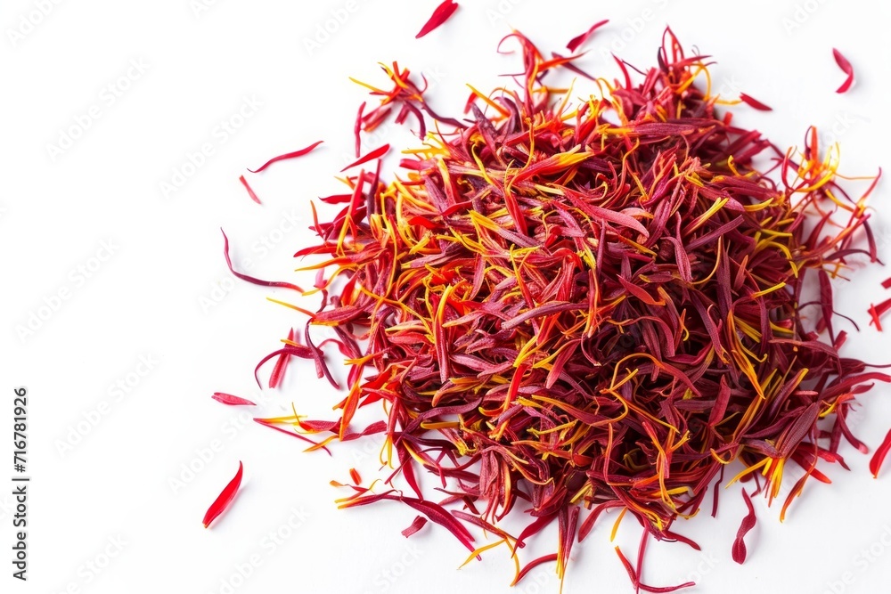 Naklejka premium Heap of aromatic saffron on white background, top view