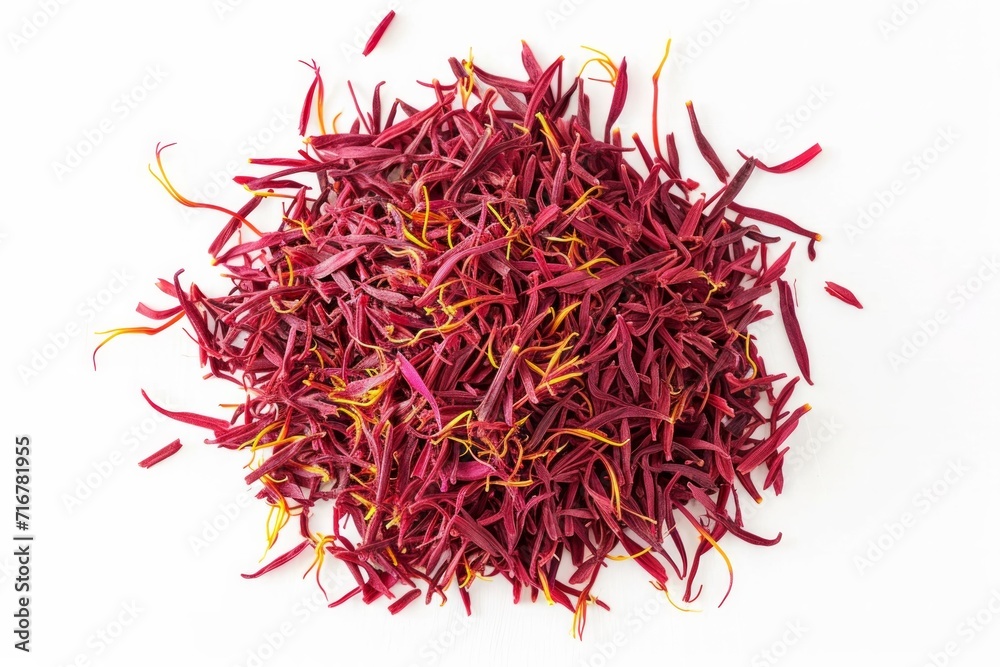 Naklejka premium Heap of aromatic saffron on white background, top view