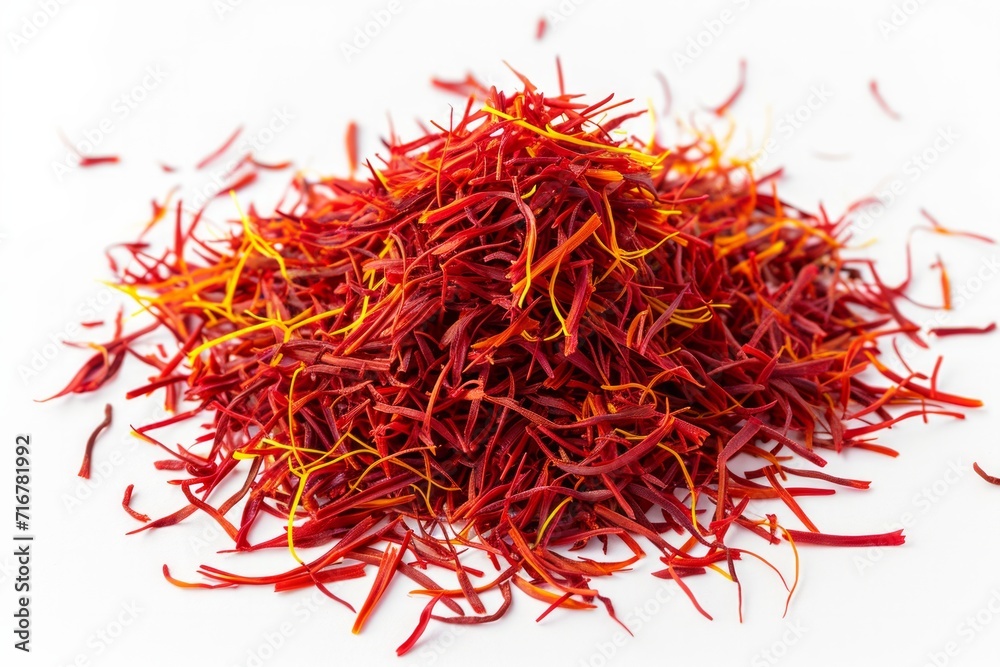 Naklejka premium Heap of aromatic saffron on white background, top view