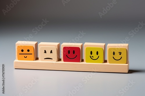 Wooden label with happy normal and sad face icons for experience survey services and products review concept