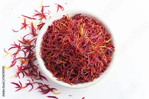 Heap of aromatic saffron on white background, top view