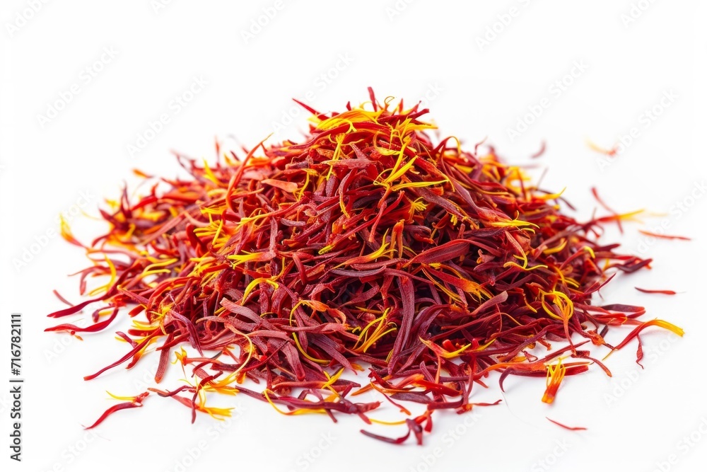 Fototapeta premium Heap of aromatic saffron on white background, top view