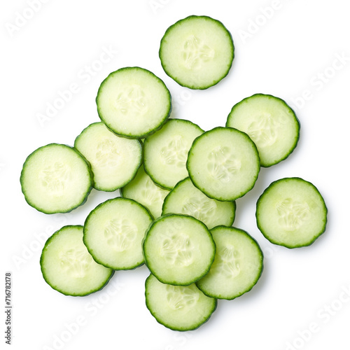 Stack of fresh cucumber slices isolated on white background