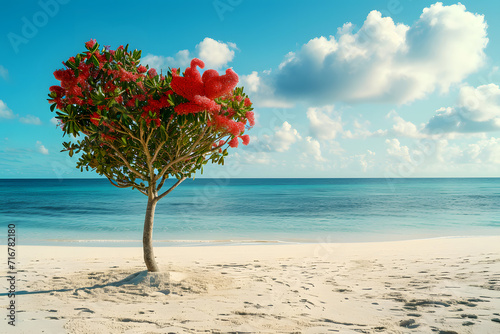 Valentine's Day background. Tree heart shaped on the sand beach. 