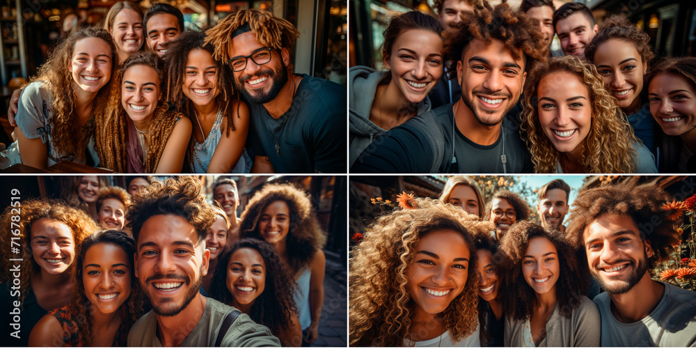 A group of diverse friends capturing happy moments together. Selfie with your smartphone to capture the joyful atmosphere. Gathering outdoors enjoying a sunny day.