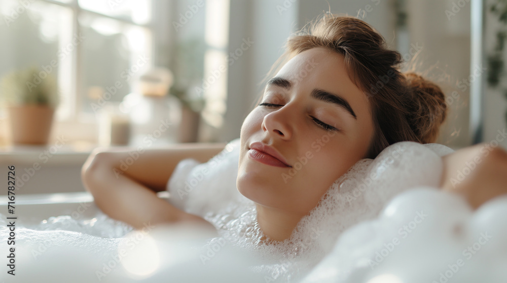 Beautiful young woman relaxes in a bathtub filled with foam. modern white window Beautiful young woman relaxes in a bathtub filled with foam. modern white window