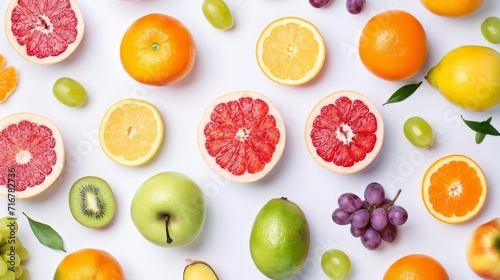 Pattern of various fresh fruits isolated on white background  top view  flat lay. Composition of food  concept of healthy eating. Food texture  