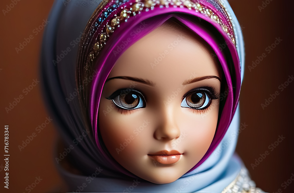 Close-up of a Muslim girl doll wearing a pink headscarf. Cute Muslim doll in hijab. Generative AI