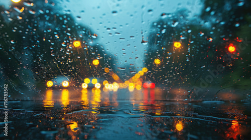 Generative ai illustration of Car windshield with rain drops © pbombaert