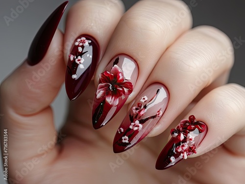 nails with burgundy as the main color and delicate flower.Generative AI