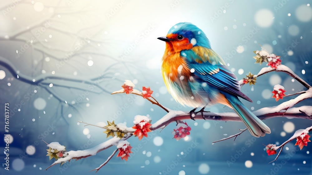 Colorful Bird Adorned with Snowflakes in Winter