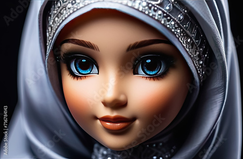 Close-up portrait of a beautiful muslim doll in hijab and a gray scarf. Muslim doll in a headscarf. Generative AI