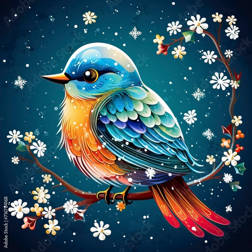 Colorful Bird Adorned with Snowflakes in Winter
