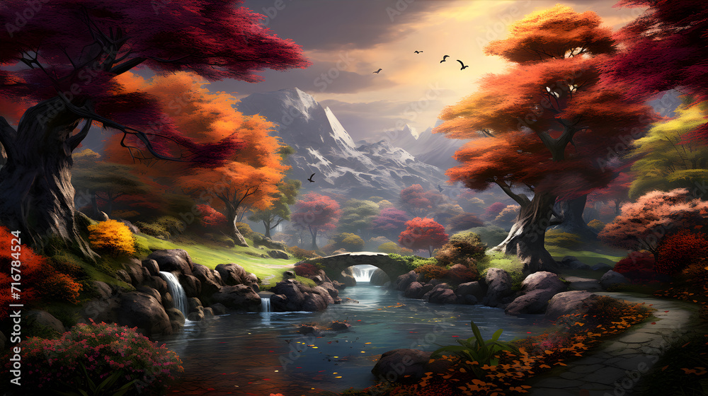 Fototapeta premium Illustration watercolor autumn landscape with colorful fall foliage trees 