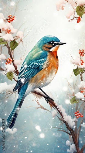 Colorful Bird Adorned with Snowflakes in Winter © CREATIVE STOCK