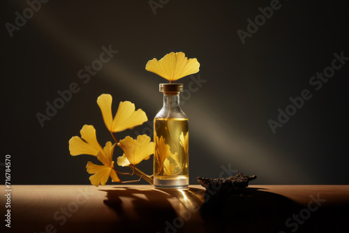 Ginkgo biloba essential extract in a decorative bottle with leaves. Minimal neutral herbal or natural medicine arrangement. Ginkgo biloba.