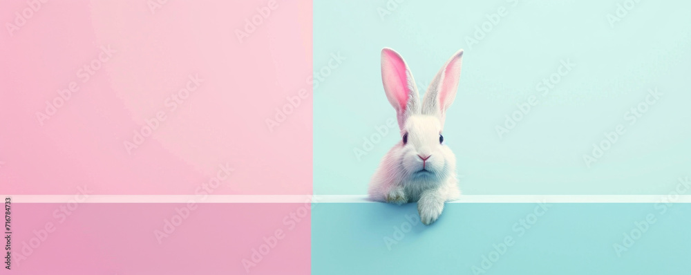 Obraz premium Creative composition in bright pastel colors with an adorable Easter Bunny. Spring holidays and Easter greeting card.