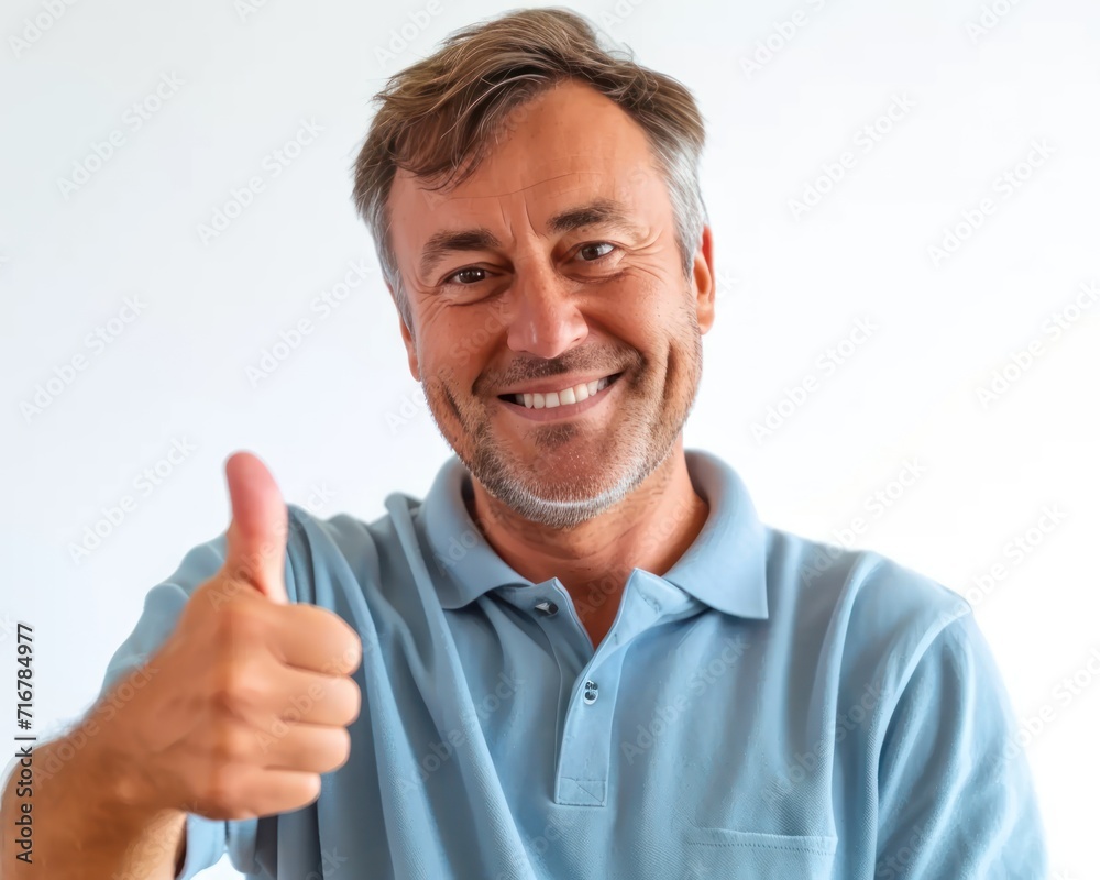 Happy man smiles gives a thumbs up isolated on white, age acceptance image Happy man smiles gives a thumbs up isolated on white, age acceptance image