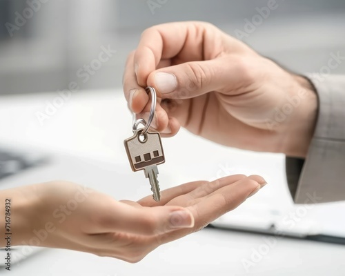 Realtor hands keys to new apartment buyer in mortgage purchase marking the exciting moment of home ownership, acceptance picture