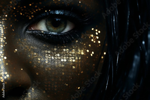 The face of a beautiful young woman covered in gold and black tulle.