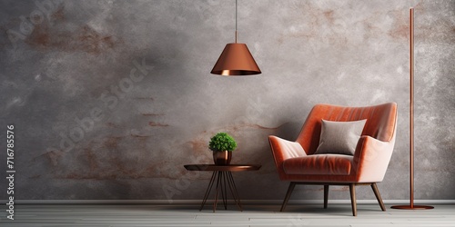 Interior of modern living room with copper floor lamp, granite coffee table and armchair, empty wall. Home design.