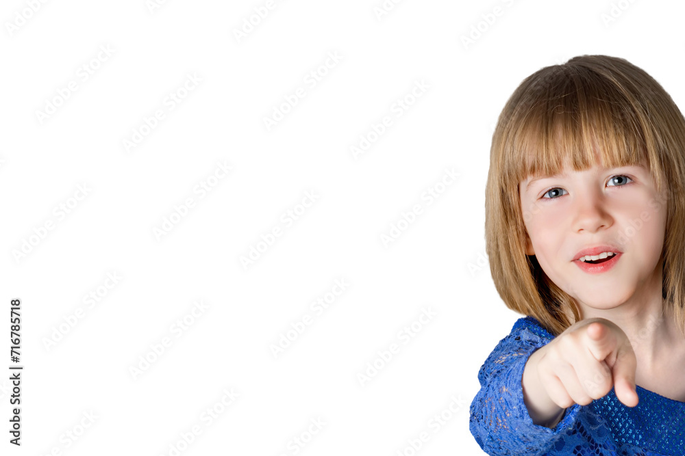 Little girl child points her finger forward. Isolated on white background. Little girl child points her finger forward. Isolated on white background.