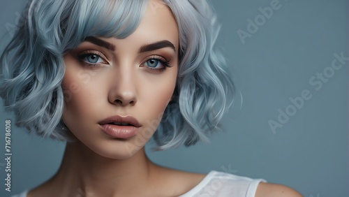 Beautiful portrait of sensual woman with bob short light blue hair for make up cosmetics ad concept, plain background from Generative AI