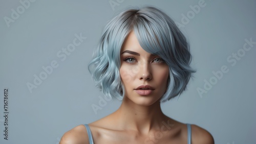 Beautiful portrait of sensual woman with bob short light blue hair for make up cosmetics ad concept, plain background from Generative AI