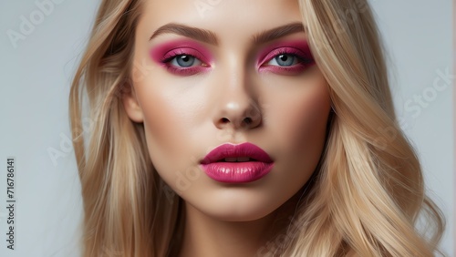 Beautiful portrait of sensual woman with bright pink lips and long straight blonde hair for make up cosmetics ad concept from Generative AI