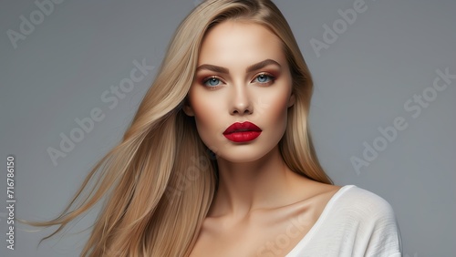 Beautiful portrait of sensual woman with bright red lips and long straight blonde hair for make up cosmetics ad concept from Generative AI