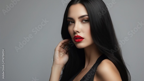 Beautiful portrait of sensual woman with bright red lips and long straight black hair for make up cosmetics ad concept, plai from Generative AI