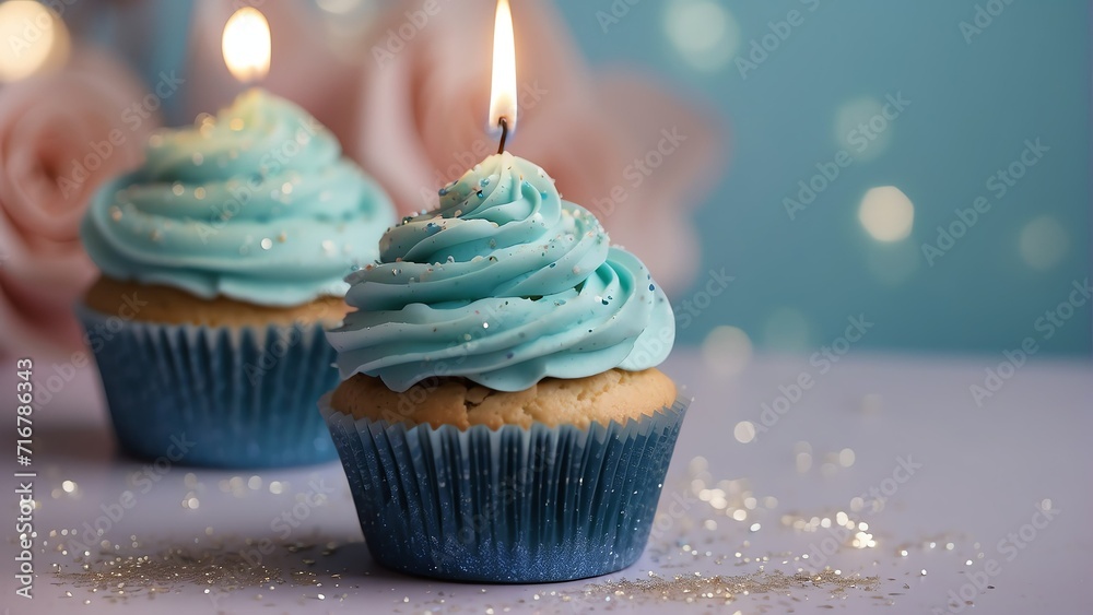 Blue theme birthday cupcake with one candle on top on a pastel ...