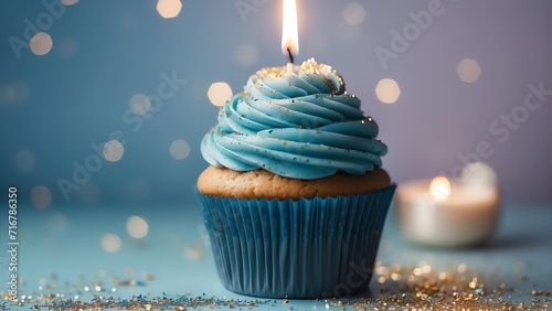 Blue theme birthday cupcake with one candle on top on a pastel background with shiny sparkling glitters from Generative AI
