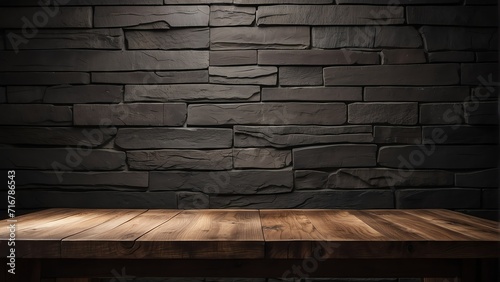 Empty wooden table top against a detailed grungy black stone wall and sunlight from Generative AI