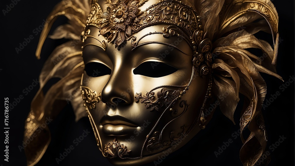 Golden venetian female mask on plain black background from Generative AI