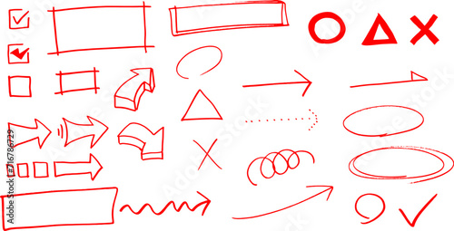 Tableau sur toile 赤色　矢印　まる　枠　レ点　バツ　マジックで書いた手描き　セット