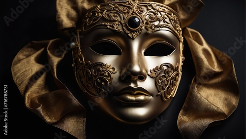 Golden venetian female mask on plain black background from Generative AI © sevenSkies