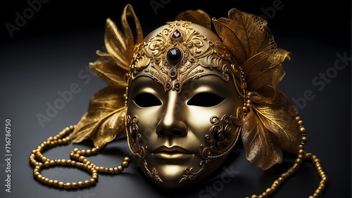 Golden venetian male mask on plain black background from Generative AI © sevenSkies