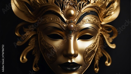 Golden venetian female mask on plain black background from Generative AI